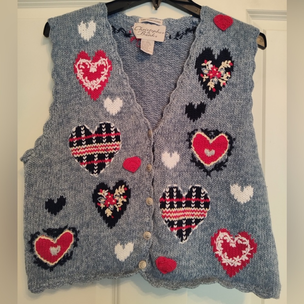 Christopher & Banks Blue Heart Knit hand embroidered Sweater Vest